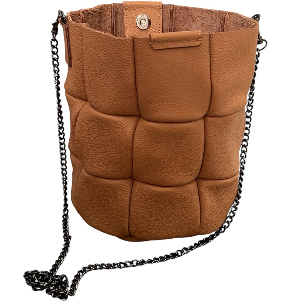 Falor Falorni Firenze Woven Patch Leather Gunmetal Chain Strap Bucket Bag